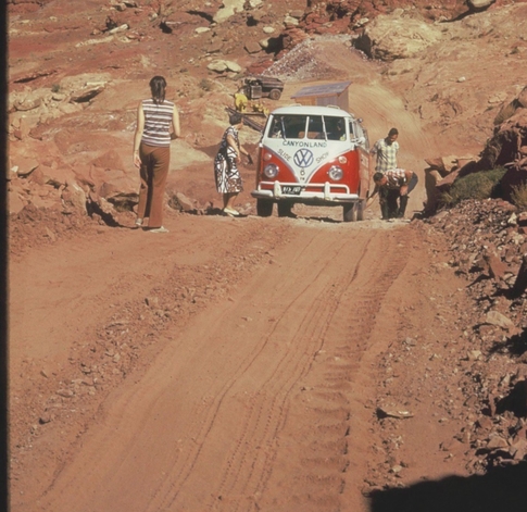 VW Samba bus in the desert of Moab