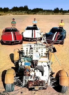 1971 Apollo 15 crew with their rides. The Lunar Rover and three 454 Corvettes